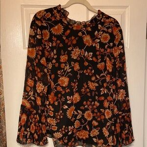Chico's Black and Tan Ruffled Blouse with Mandarin Collar